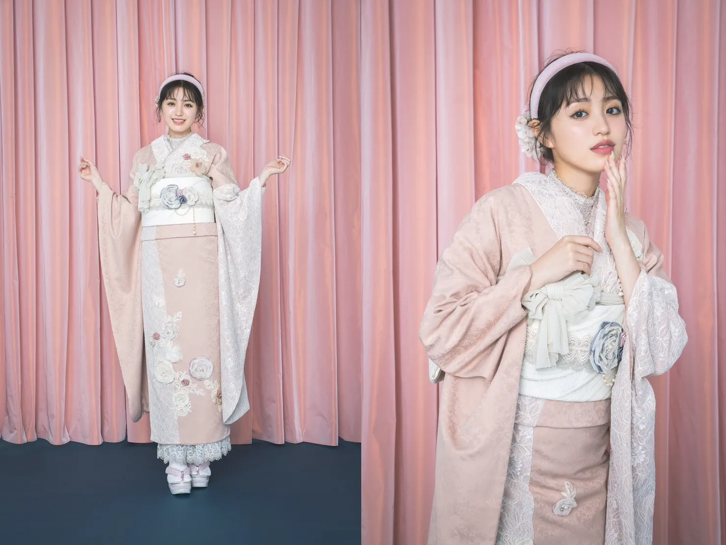 ヘップバーンミニョン　ピンクベージュ　立体花　フレンチガーリー　おしゃれ　かわいい　誰ともかぶらない　レースインナー/ブーツコーデ　香音【通販可】24008