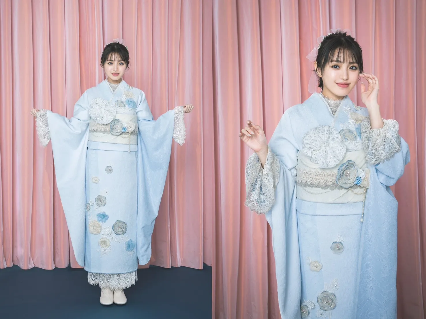 ニューヘップバーンミニョン　水色　立体花　フレンチガーリー　おしゃれ　レースインナー/ブーツコーデ　かぶらない　香音【通販可】24009