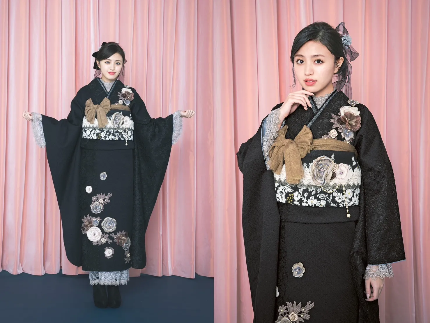 ヘップバーン“ミニョン”(かわいい)　黒　立体花　フレンチレトロ　おしゃれな　ガーリー　レースインナー/ブーツコーデ　香音【通販可】24011