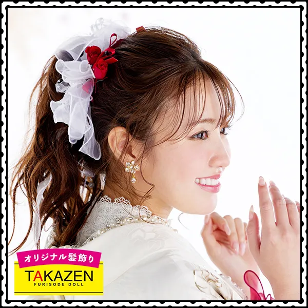 女性らしいポニーテール×エレガントな赤色薔薇の髪飾り♡赤/白【通販可】