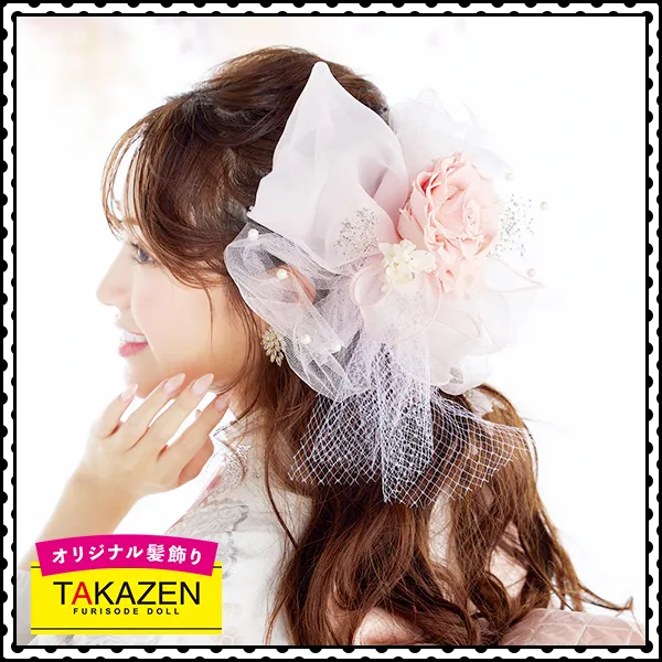 ゆるふわハーフアップ×エレガントな薔薇の髪飾り♡ピンク【通販可】