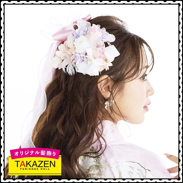 ゆるふわハーフアップ×キラキラパール付きリボン髪飾り♡ピンク/白【通販可】