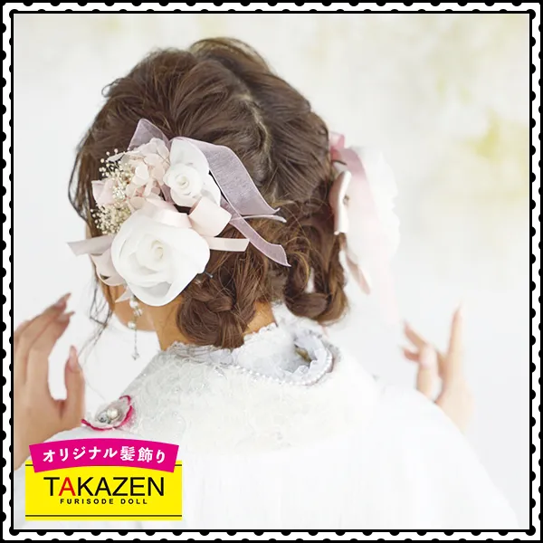 可愛らしいツインお団子ヘア×リボンとバラの髪飾り♡ピンク/白