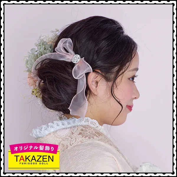 サイドシニヨン×淡色くすみカラー髪飾り♡ピンク/オレンジ