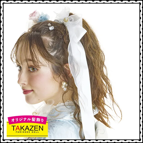 女性らしいポニーテール×新作ガーリーなリボン髪飾り♡白/水色/ピンク【通販可】