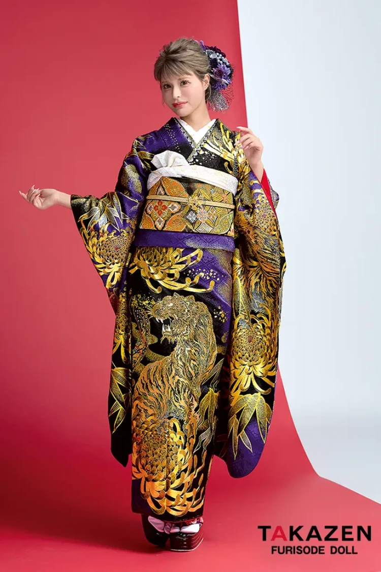 TAKAZEN橿原　奈良　橿原　成人式　振袖　振袖レンタル　前撮り　卒業式　袴レンタル　ジャパンモード　紫/ゴールド(金色)　本家虎柄　一番目立つ　ギャル振袖　ド派手　渋い　キラキラスワロフスキー付き　花魁風　今井アンジェリカ【通販可】22040