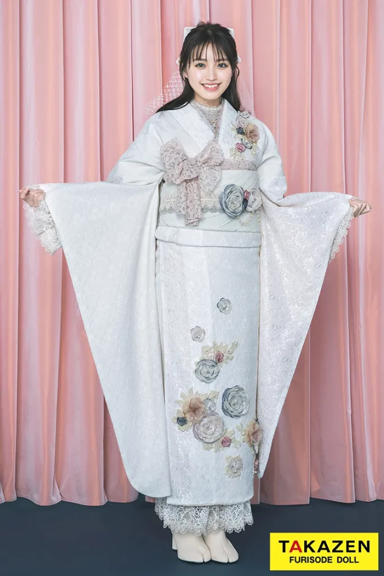 振袖レンタル ヘップバーンミニョン 白 立体花 ジャガード生地/レース生地 フレンチガーリー おしゃれ 誰ともらない レースインナー/ブーツコーデ 香音【通販可】24010