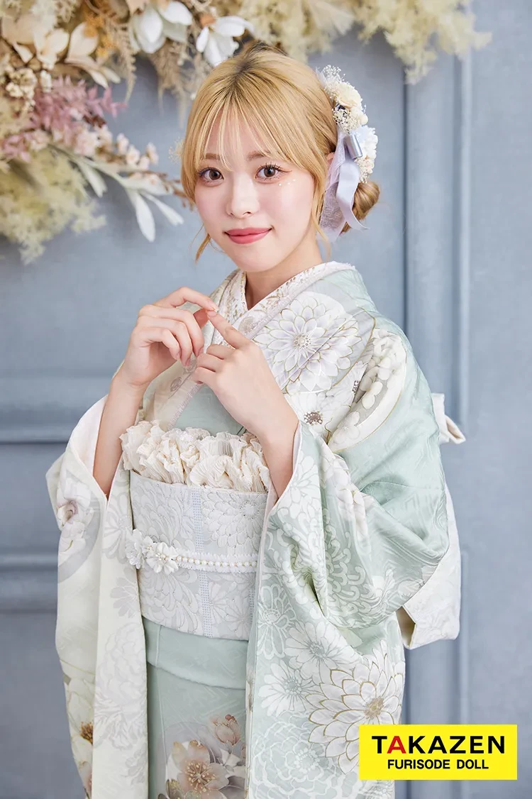 TAKAZENのレンタル振袖 格安お得な玉城ティナ×紅一点ブランド振袖 ミントグリーン くすみ古典 おしゃれ いまどき【通販可】24072