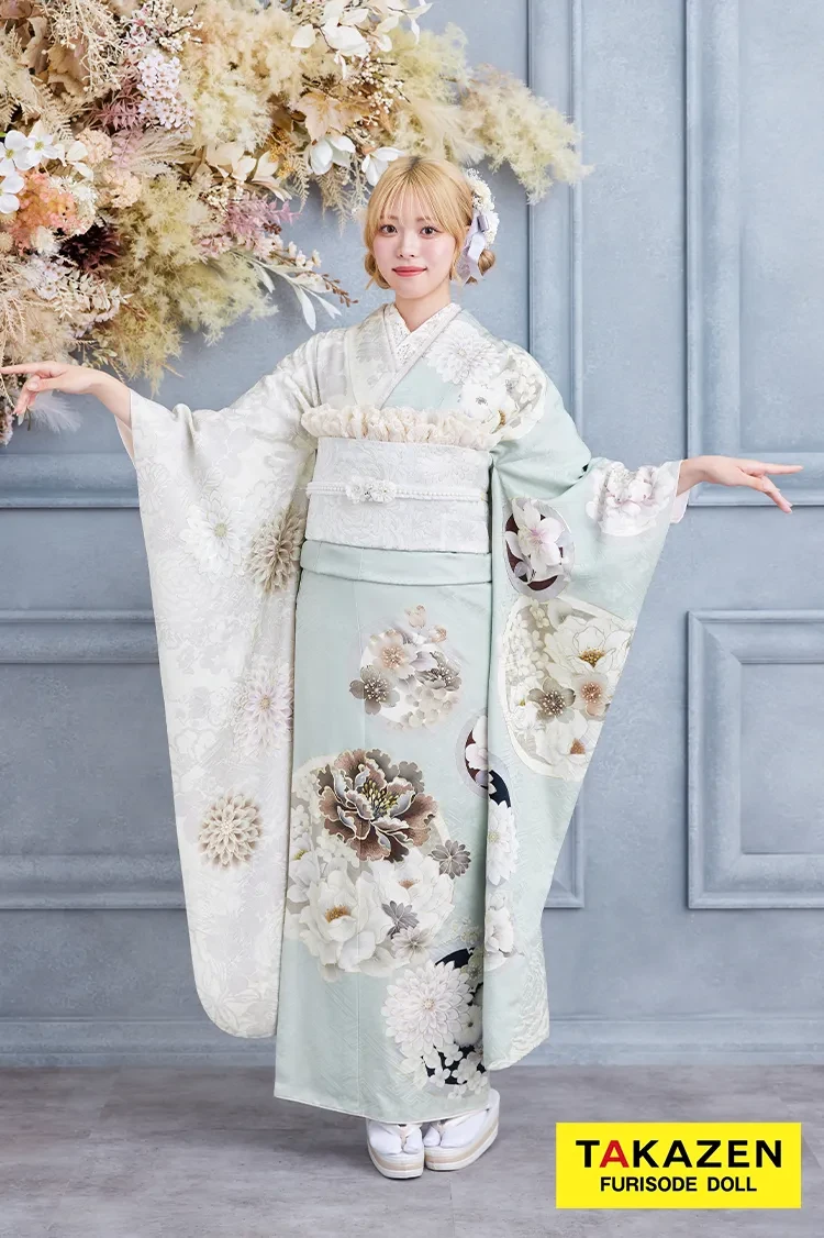 TAKAZENのレンタル振袖 格安お得な玉城ティナ×紅一点ブランド振袖 ミントグリーン くすみ古典 おしゃれ いまどき【通販可】24072