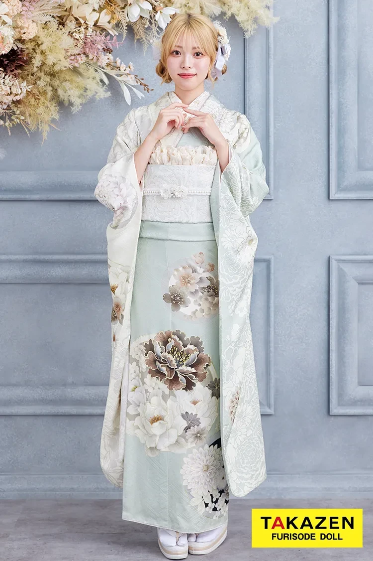 TAKAZENのレンタル振袖 格安お得な玉城ティナ×紅一点ブランド振袖 ミントグリーン くすみ古典 おしゃれ いまどき【通販可】24072