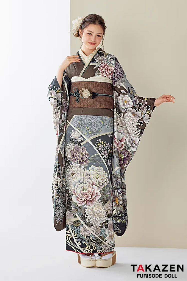 TAKAZEN橿原　奈良　橿原　成人式　振袖　振袖レンタル　前撮り　卒業式　袴レンタル　くすみカラー古典　グレー/ブラウン/ダスティーカラー　牡丹柄　大人っぽい　柄多め　かっこいい【通販可】25023