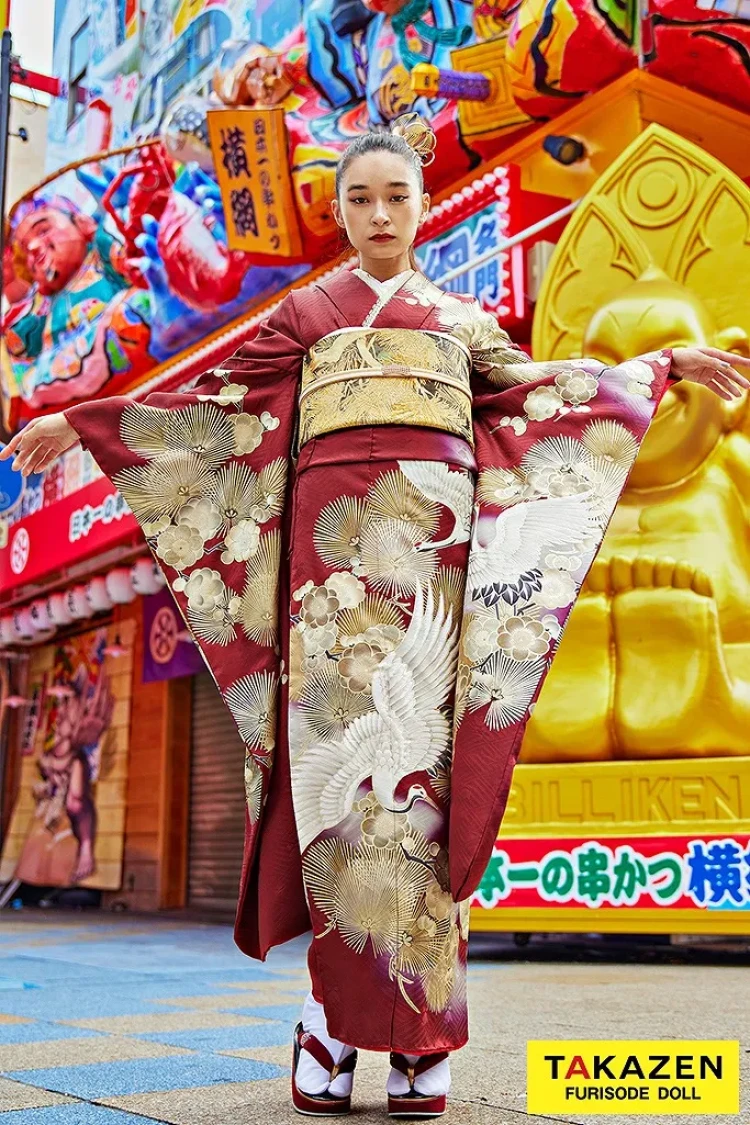 TAKAZEN橿原　奈良　橿原　成人式　振袖　振袖レンタル　前撮り　卒業式　袴レンタル　ヴィンテージスタイル　エンジ/金　鶴柄/針松　かっこいい　ストリート調　大人っぽい【通販可】25029