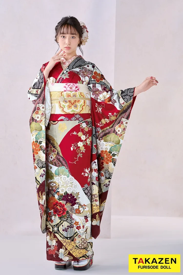 正統派古典　赤/白　貝桶柄/牡丹柄　金彩金駒刺繍京友禅　定番　上品　綺麗　かわいい　清楚　柄小さめ　藤岡舞衣