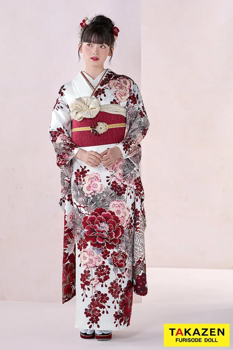 振袖レンタル　正統派古典　華徒然×吉木千沙都　白/赤　牡丹柄　TAKAZENオリジナルカラー　綺麗　お洒落　大人っぽい　南琴奈【通販可】26019