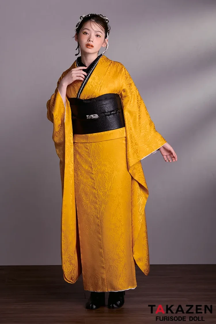 成人式振袖レンタル シンプル 無地 からし色