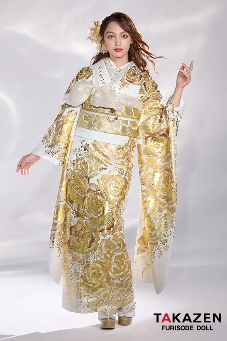 モード系　白金　バラ柄　ゴージャス　キラキラ振袖　スワロフスキー付き　派手　目立つ　セクシー　ラグジュアリー　香川るな