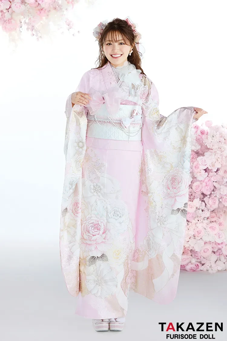TAKAZENのレンタル振袖 ヘップバーン最新作 コスメカラー ピンク バラ柄/リボン柄 一番かわいい ガーリー キラキラ スワロフスキー・パール付き 香音【通販可】27001