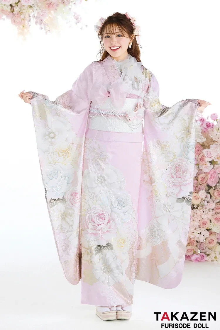 TAKAZENのレンタル振袖 ヘップバーン最新作 コスメカラー ピンク バラ柄/リボン柄 一番かわいい ガーリー キラキラ スワロフスキー・パール付き 香音【通販可】27001