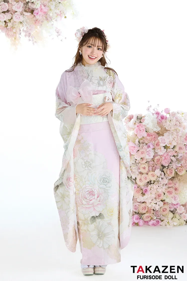 TAKAZENのレンタル振袖 ヘップバーン最新作 コスメカラー ピンク バラ柄/リボン柄 一番かわいい ガーリー キラキラ スワロフスキー・パール付き 香音【通販可】27001