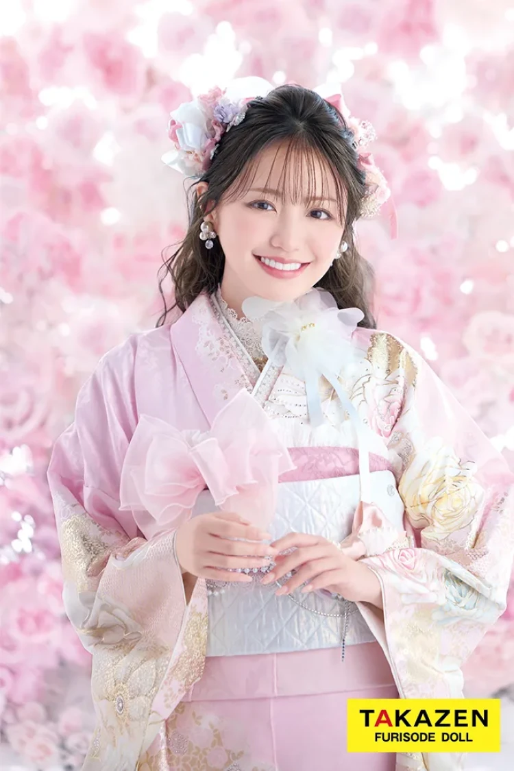 TAKAZENのレンタル振袖 ヘップバーン最新作 コスメカラー ピンク バラ柄/リボン柄 一番かわいい ガーリー キラキラ スワロフスキー・パール付き 香音【通販可】27001