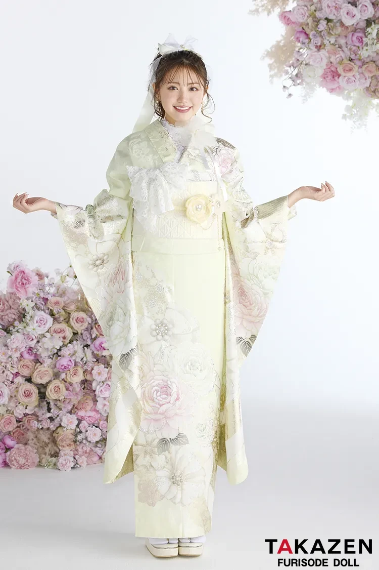 TAKAZENのレンタル振袖 ヘップバーン最新作 コスメカラー イエロー/ペールイエロー バラ柄/リボン柄 透明感 かわいい ガーリー キラキラ スワロフスキー・パール付き 香音【通販可】27004