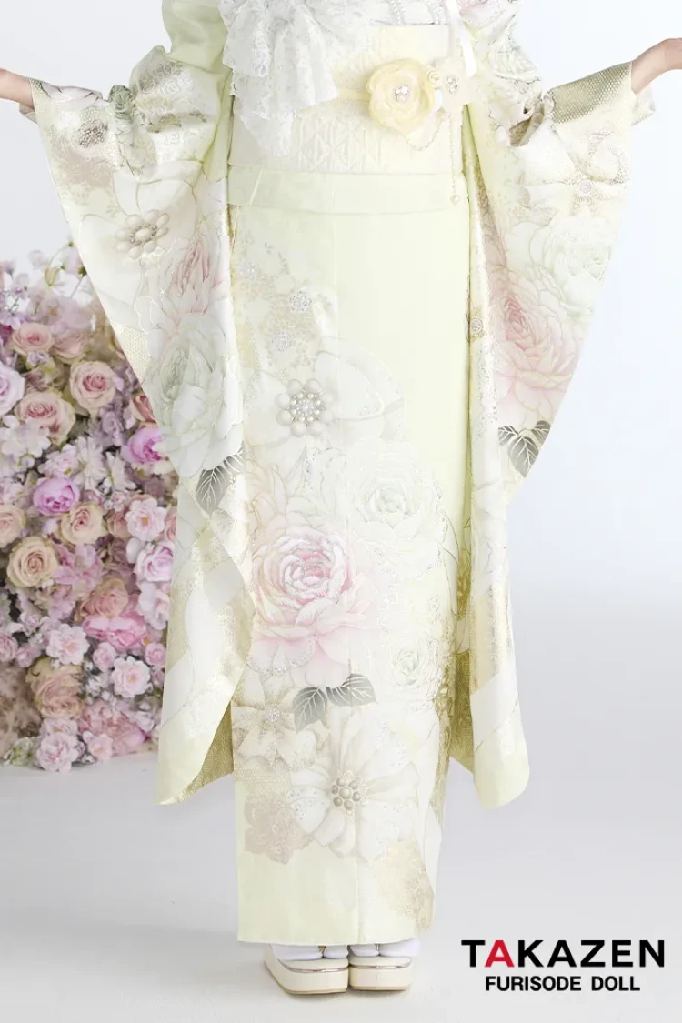 TAKAZENのレンタル振袖 ヘップバーン最新作 コスメカラー イエロー/ペールイエロー バラ柄/リボン柄 透明感 かわいい ガーリー キラキラ スワロフスキー・パール付き 香音【通販可】27004