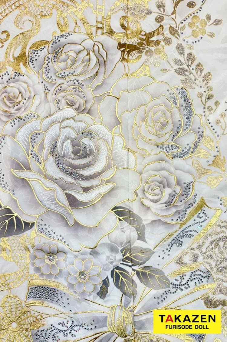 TAKAZENのレンタル振袖 最新作ヘップバーンローズ 白金/ゴールド バラ柄 キラキラスワロフスキー エレガント きれいめ レースインナー ゴージャス 伊藤桃々【通販可】27009