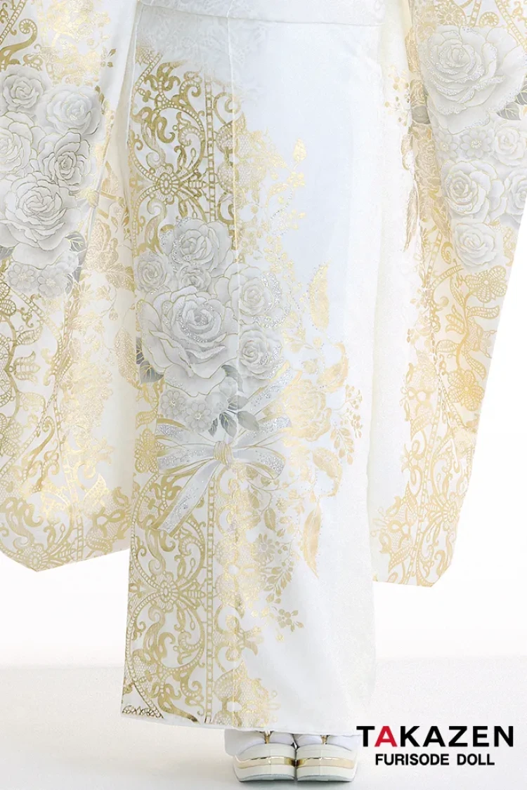 TAKAZENのレンタル振袖 最新作ヘップバーンローズ 白金/ゴールド バラ柄 キラキラスワロフスキー エレガント きれいめ レースインナー ゴージャス 伊藤桃々【通販可】27009