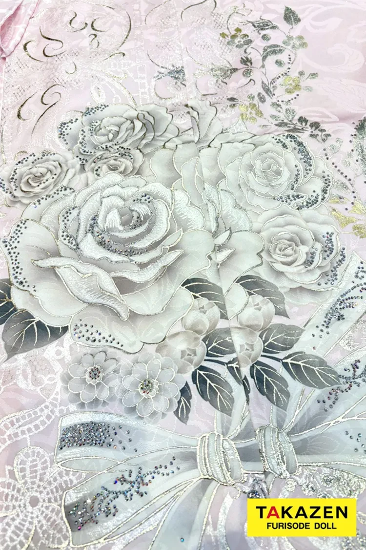TAKAZENのレンタル振袖 最新作ヘップバーンローズ　ピンク　バラ柄　エレガント　一番かわいい　レースインナー　洋風　ドレッシー　キラキラスワロフスキー　伊藤桃々【通販可】27011