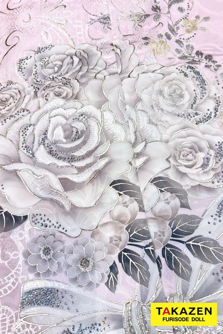 TAKAZENのレンタル振袖 最新作ヘップバーンローズ　ピンク　バラ柄　エレガント　一番かわいい　レースインナー　洋風　ドレッシー　キラキラスワロフスキー　伊藤桃々【通販可】27011