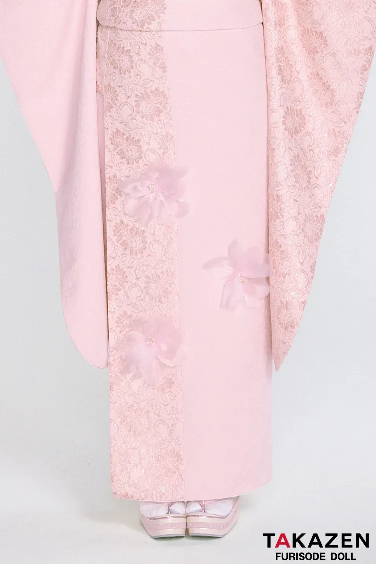 TAKAZENのレンタル振袖 最新作ヘップバーンシュシュ　ピンク　シフォンフラワー　ジャガード生地/レース　ワンホンスタイル　かわいい　レースインナー　人と被らない　周防ジゼル【通販可】27017