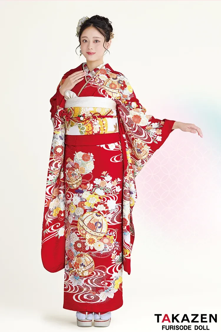 TAKAZENのレンタル振袖 最新作正統派古典　ピンク　鞠柄/流水模様　王道　かわいい　はんなり　上品　きれいめ　清楚　TAKAZENオリジナルカラー　佐藤不二子【通販可】27021