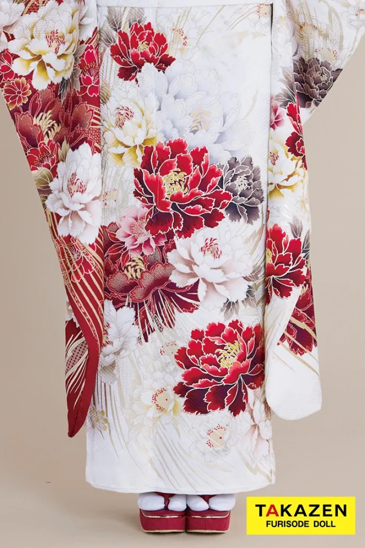 TAKAZENのレンタル振袖 最新作正統派古典 白赤 牡丹柄/大柄 大人っぽい きれいめ 上品 豪華 清楚 南琴奈【通販可】27024