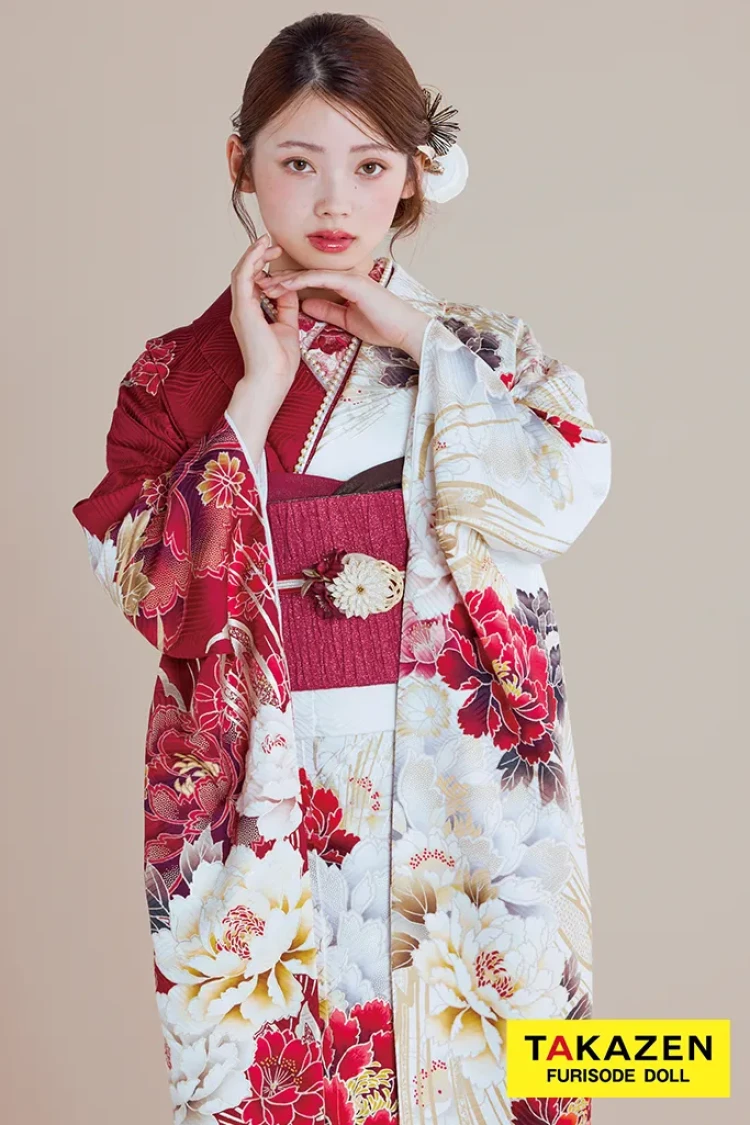 TAKAZENのレンタル振袖 最新作正統派古典 白赤 牡丹柄/大柄 大人っぽい きれいめ 上品 豪華 清楚 南琴奈【通販可】27024