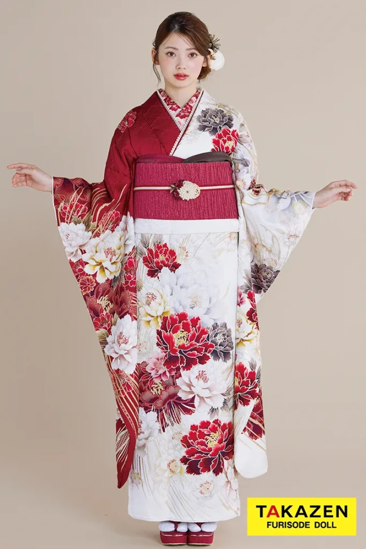 TAKAZENのレンタル振袖 最新作正統派古典 白赤 牡丹柄/大柄 大人っぽい きれいめ 上品 豪華 清楚 南琴奈【通販可】27024