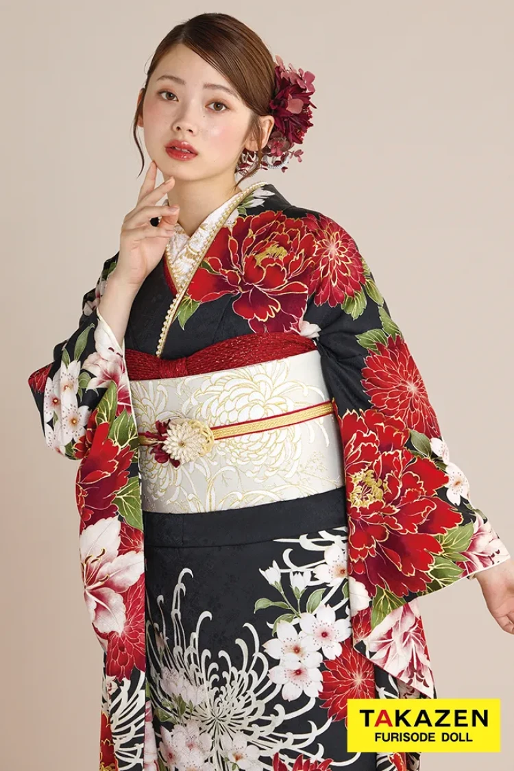 TAKAZENのレンタル振袖 最新作正統派古典　黒/赤　乱菊柄　かっこいい　大人っぽい　Kamishibai Story of anoブランド振袖　きれいめ　南琴奈【通販可】27025　