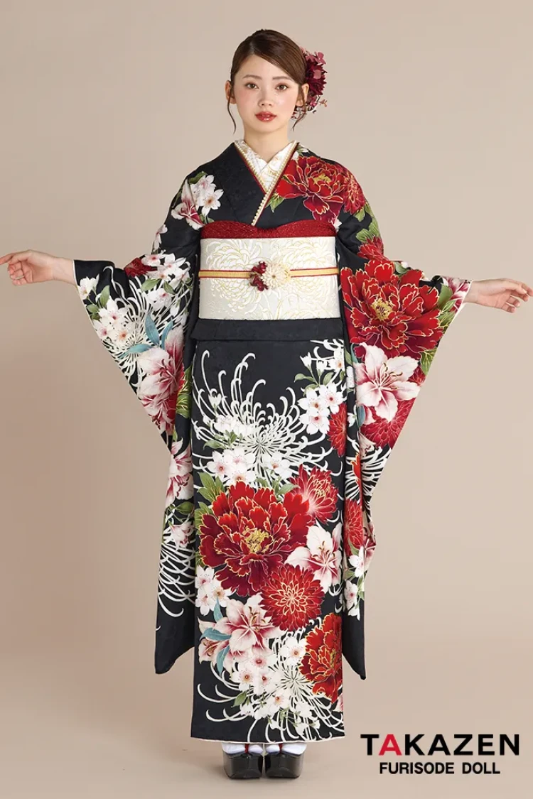 TAKAZENのレンタル振袖 最新作正統派古典　黒/赤　乱菊柄　かっこいい　大人っぽい　Kamishibai Story of anoブランド振袖　きれいめ　南琴奈【通販可】27025　