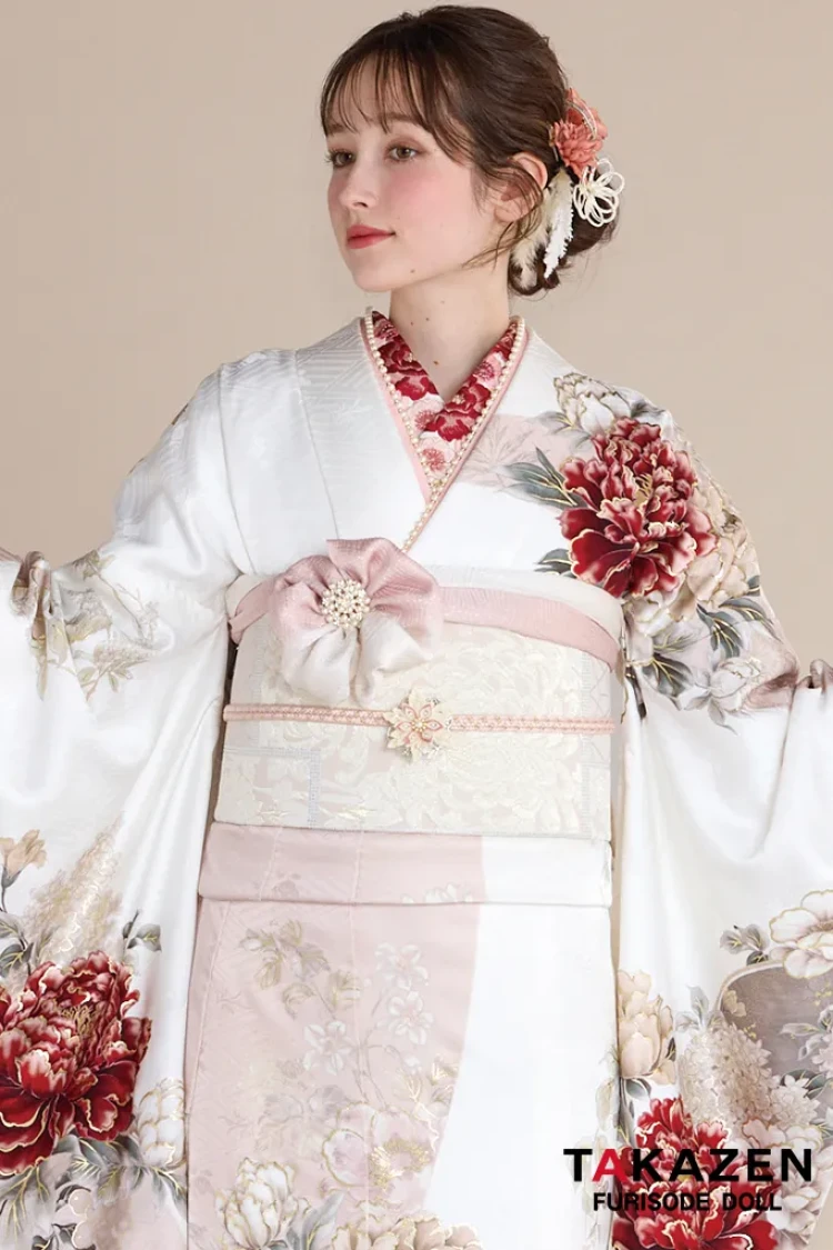 TAKAZENのレンタル振袖 最新作正統派古典　白ピンク　牡丹柄　はんなり　かわいい　おしとやか　上品　周防ジゼル【通販可】27027