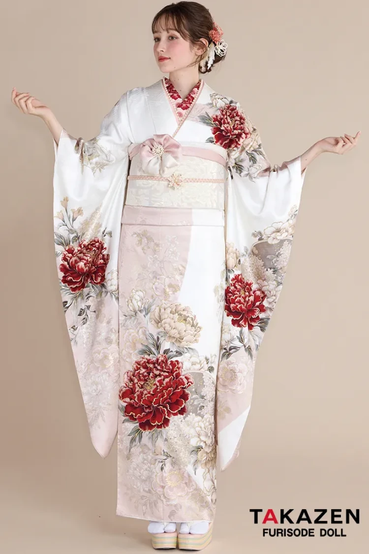 TAKAZENのレンタル振袖 最新作正統派古典　白ピンク　牡丹柄　はんなり　かわいい　おしとやか　上品　周防ジゼル【通販可】27027