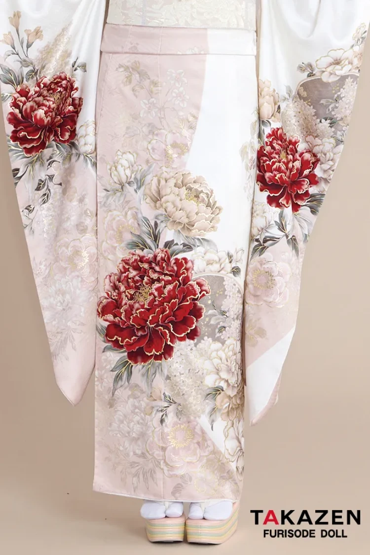 TAKAZENのレンタル振袖 最新作正統派古典　白ピンク　牡丹柄　はんなり　かわいい　おしとやか　上品　周防ジゼル【通販可】27027