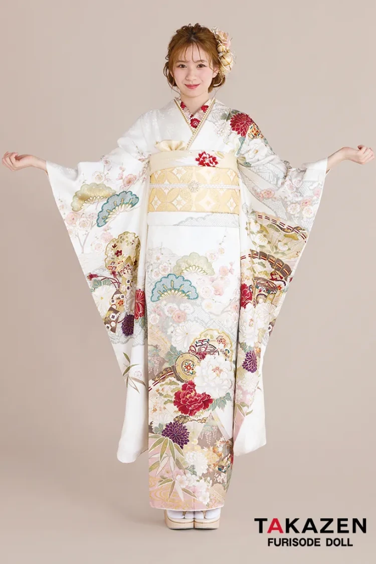 TAKAZENのレンタル振袖 最新作正統派古典　白ピンク/淡い色　牡丹柄/松柄　はんなり　かわいい　おしとやか　柄小さめ　上品　白宮みずほ【通販可】27028