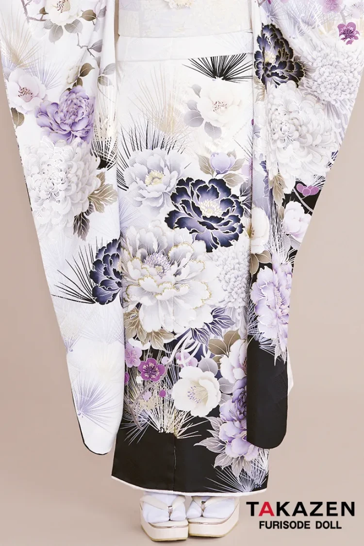 TAKAZENのレンタル振袖 最新作正統派古典　白紫　牡丹柄　大人っぽい　きれいめ　透明感　品のある振袖　上品　村上なずな【通販可】27030