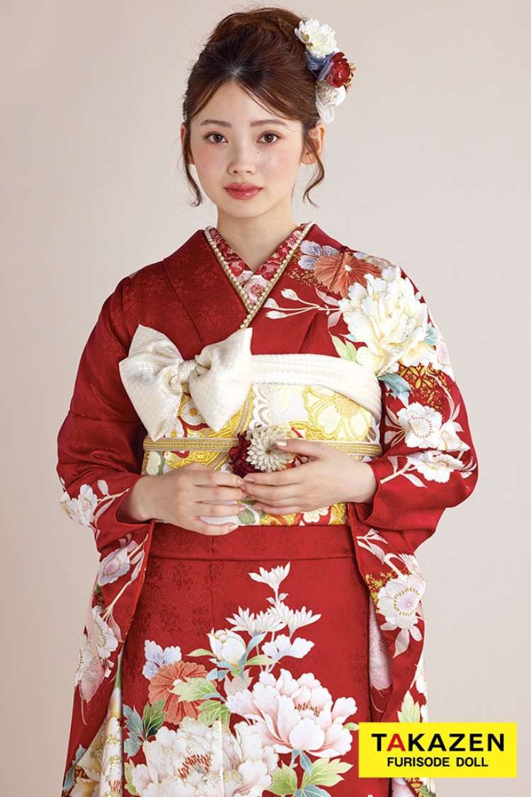 TAKAZENのレンタル振袖 最新作正統派古典　赤　牡丹柄　王道　かわいい　華やか　品のある振袖　上品　南琴奈【通販可】27031