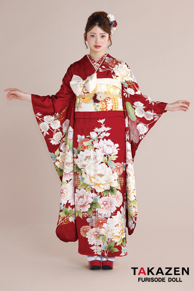 TAKAZENのレンタル振袖 最新作正統派古典　赤　牡丹柄　王道　かわいい　華やか　品のある振袖　上品　南琴奈【通販可】27031
