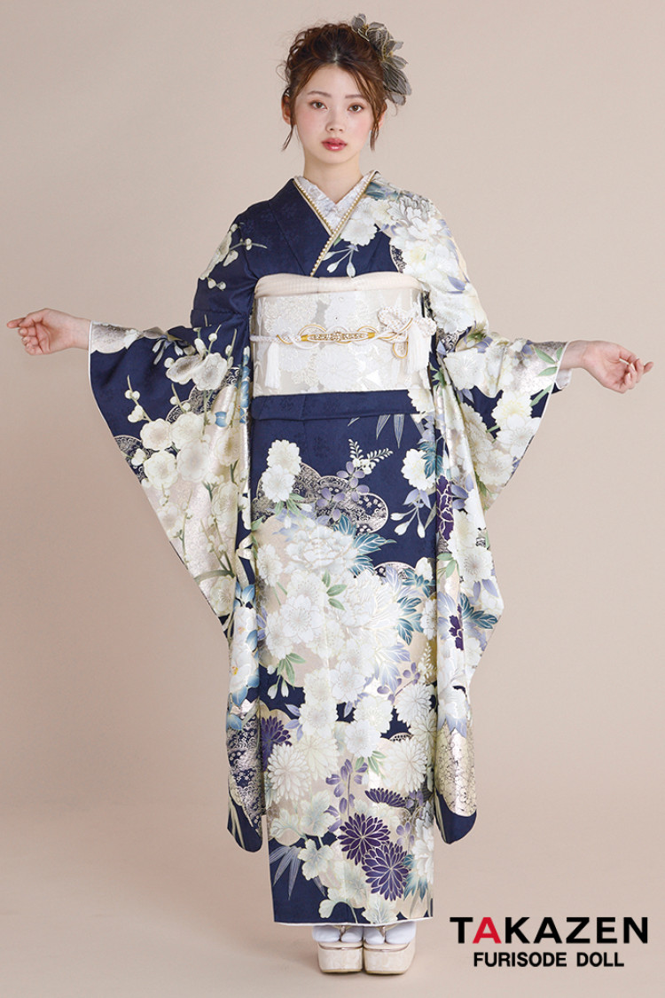 TAKAZENのレンタル振袖 最新作正統派古典 紺色/ネイビー 菊柄 綺麗 大人っぽい 華やか 美しい 上品 南琴奈【通販可】27032