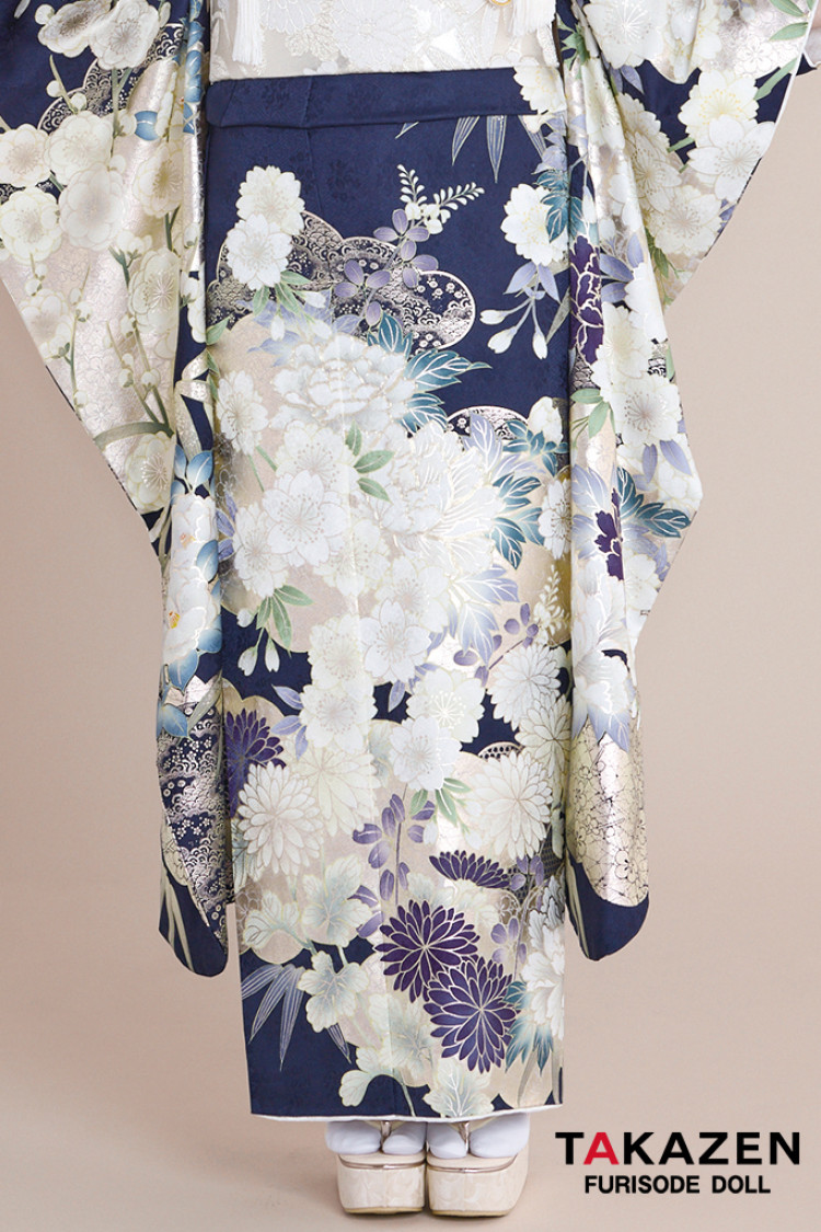 TAKAZENのレンタル振袖 最新作正統派古典 紺色/ネイビー 菊柄 綺麗 大人っぽい 華やか 美しい 上品 南琴奈【通販可】27032