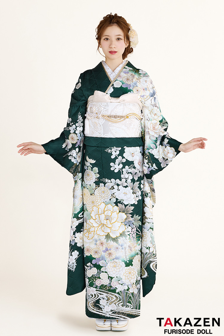TAKAZENのレンタル振袖 最新作正統派古典　緑/グリーン　牡丹柄/菊柄/流水模様　綺麗　大人っぽい　華やか　東京レトロブランド振袖　白宮みずほ【通販可】27033