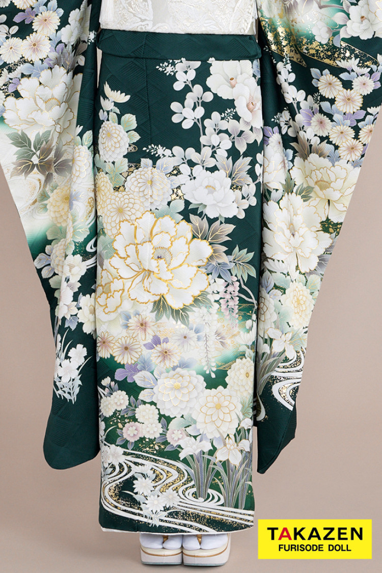TAKAZENのレンタル振袖 最新作正統派古典　緑/グリーン　牡丹柄/菊柄/流水模様　綺麗　大人っぽい　華やか　東京レトロブランド振袖　白宮みずほ【通販可】27033