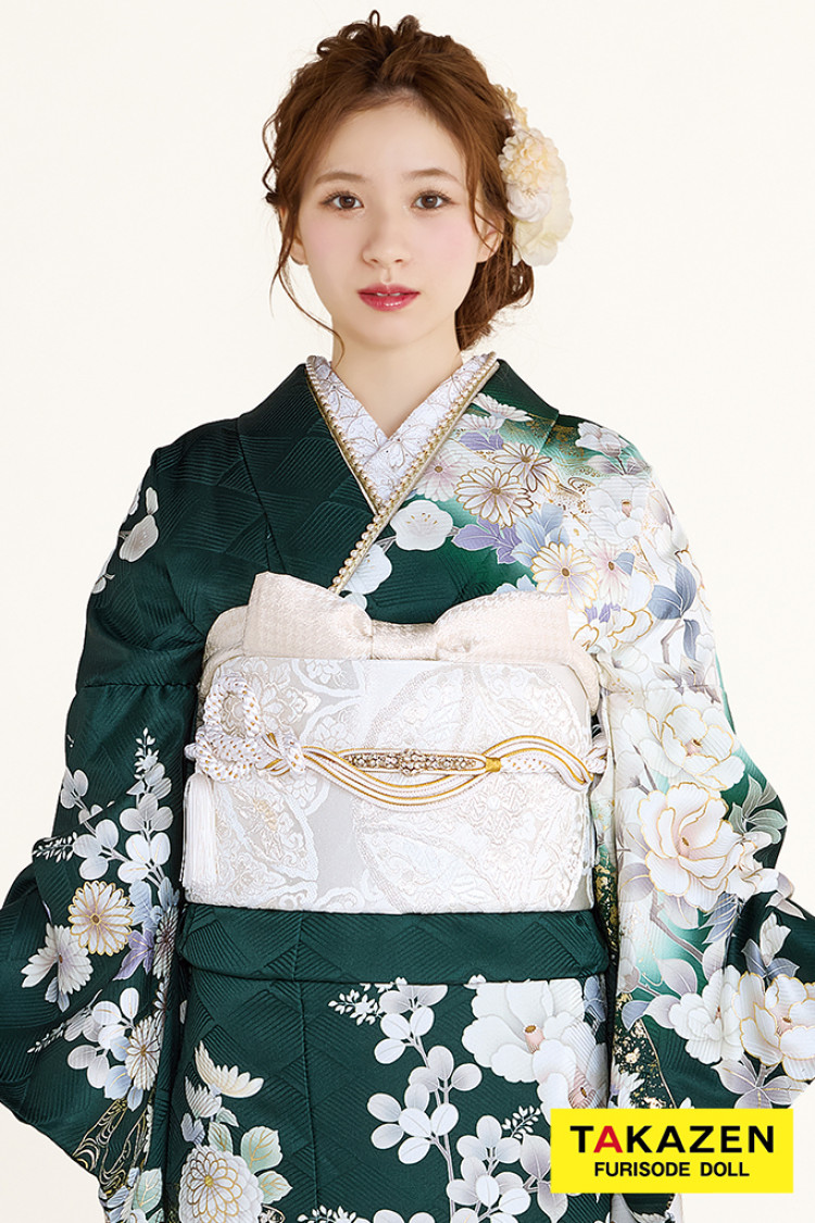 TAKAZENのレンタル振袖 最新作正統派古典　緑/グリーン　牡丹柄/菊柄/流水模様　綺麗　大人っぽい　華やか　東京レトロブランド振袖　白宮みずほ【通販可】27033