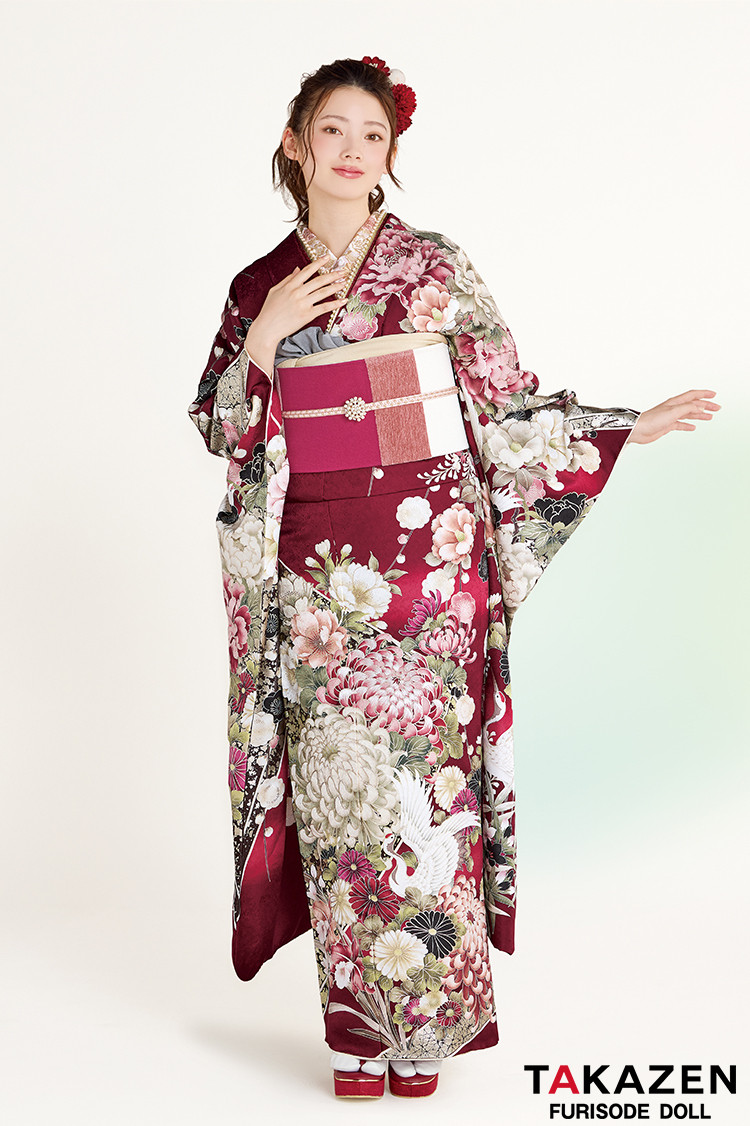 TAKAZENのレンタル振袖 最新作正統派古典 ワインレッド/エンジ 乱菊柄/鶴柄 綺麗 おめでたい柄 華やか きれいめ 南琴奈【通販可】27034